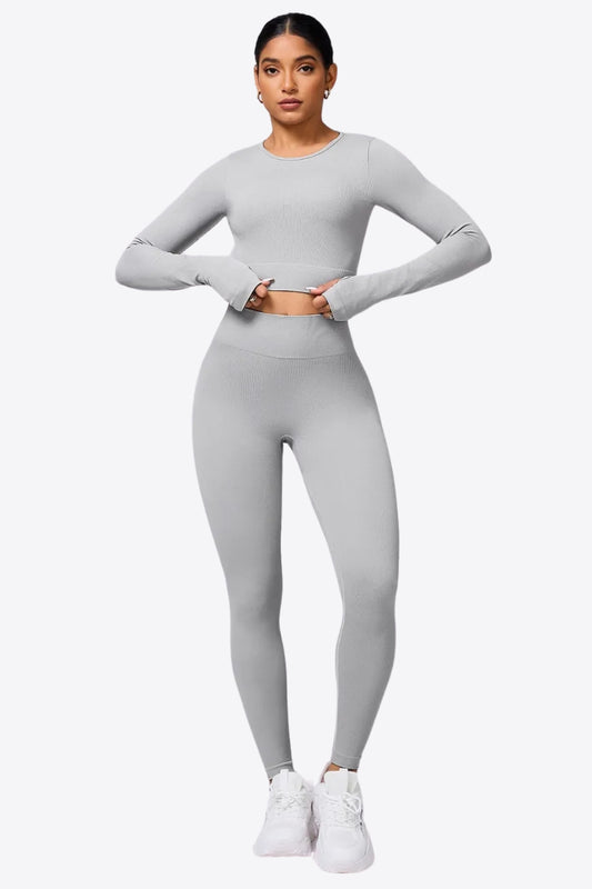 Back Crisscross Round Neck Long Sleeve Top and Leggings Active Set