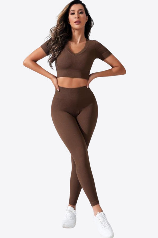 V-Neck Crop Top and High Waistband Long Active Pants