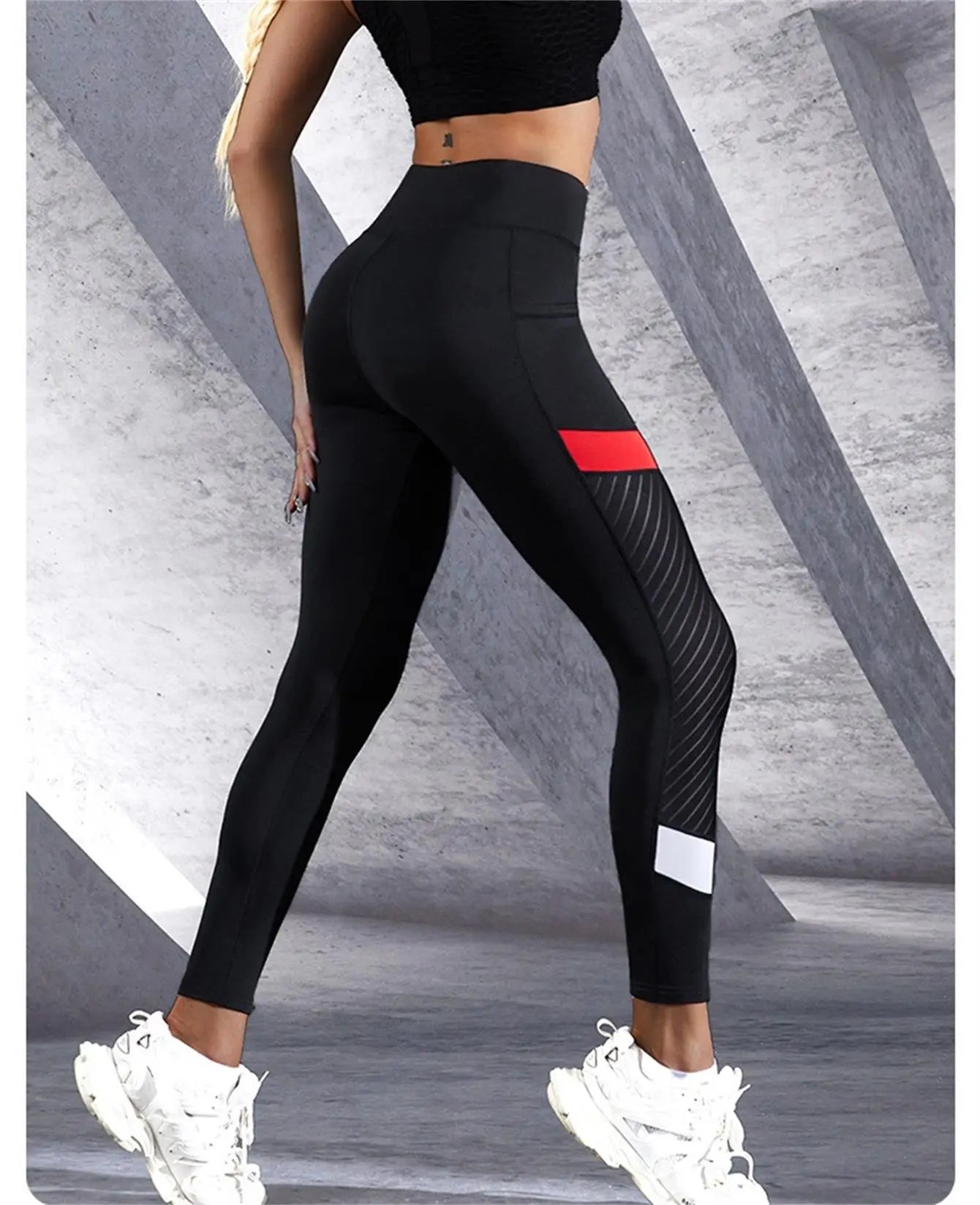 Colorblocked Mesh High Waist Yoga Pants with Side Pockets Leggings for Women Tummy Control Workout Shaping Leggings