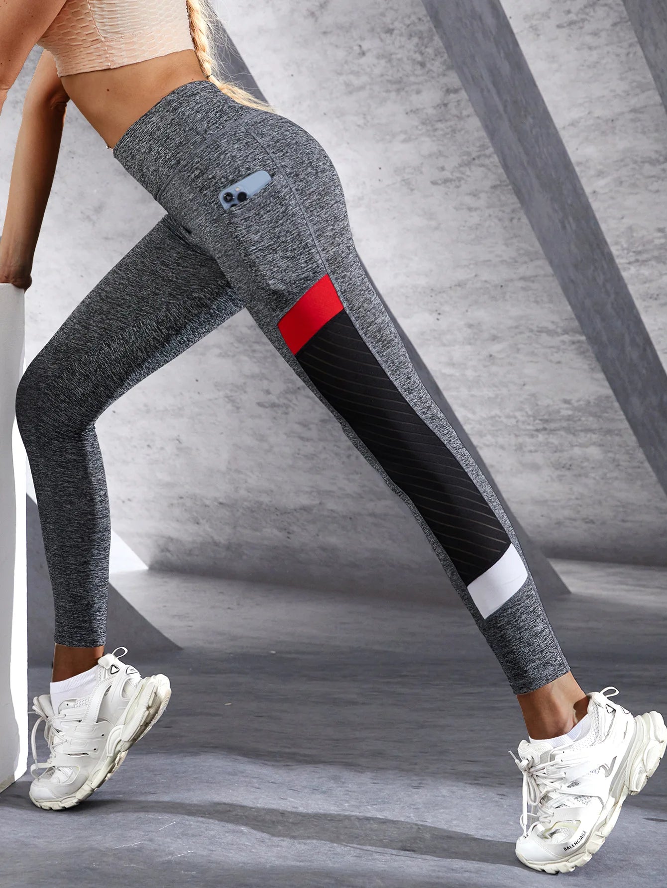 Colorblocked Mesh High Waist Yoga Pants with Side Pockets Leggings for Women Tummy Control Workout Shaping Leggings