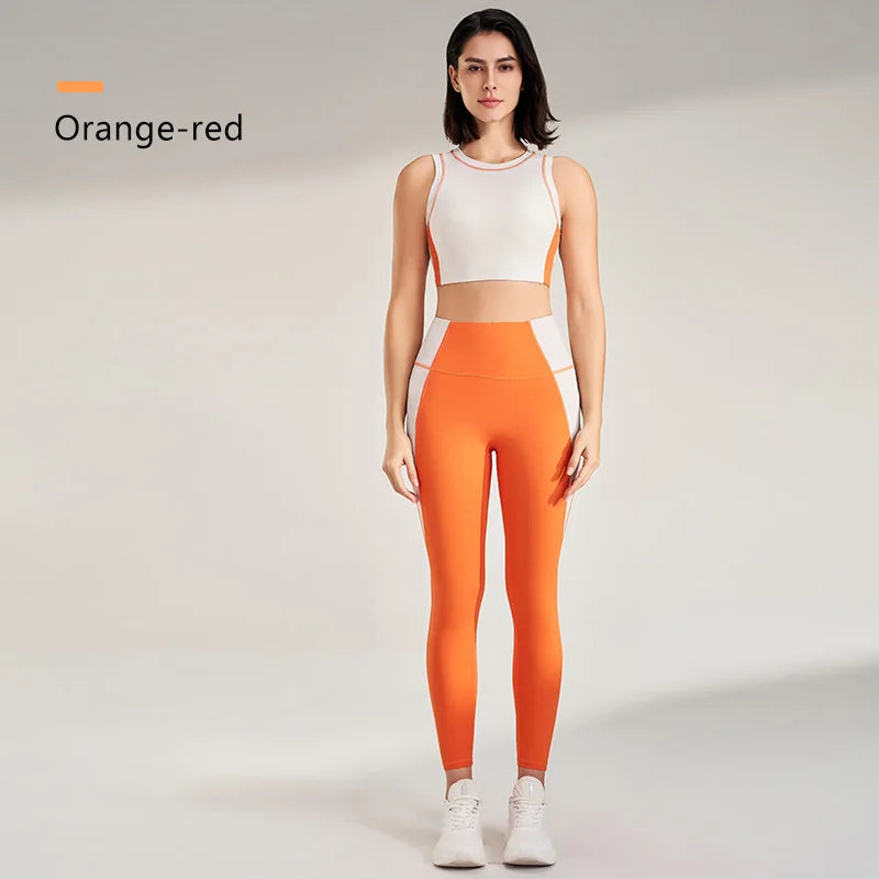 Sports Outdoor Fitness Suit Color Blocking Quick Dry Yoga Clothing Shockproof Bra Yoga Leggings Running Long Pants Female