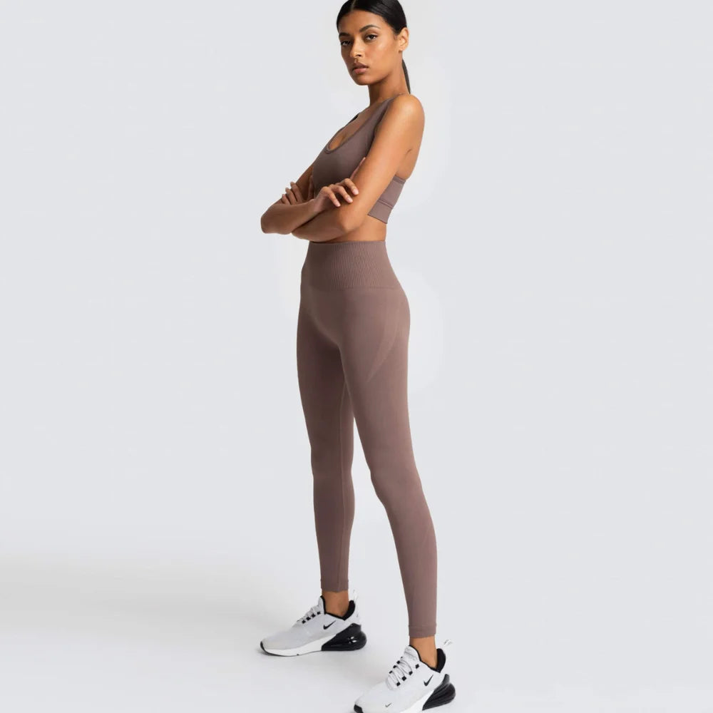 Women's Seamless Yoga Set Fitness Crop Top & Tummy Control High Waist Leggings with Built-in Bra Workout for Pilates Gym Running