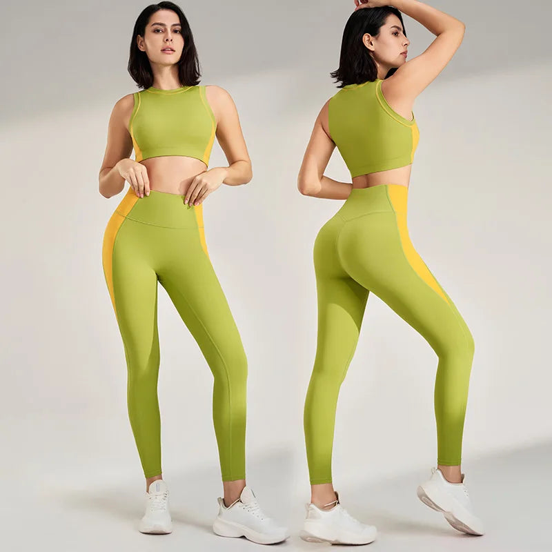 Sports Outdoor Fitness Suit Color Blocking Quick Dry Yoga Clothing Shockproof Bra Yoga Leggings Running Long Pants Female