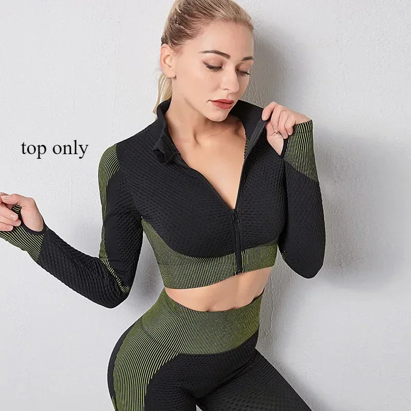 Yoga Clothes Gym Wear Women Fitness Clothing Outfit Workout Zipper Sportswear Long Sleeve Crop Bra Top Leggings Seperately Sold