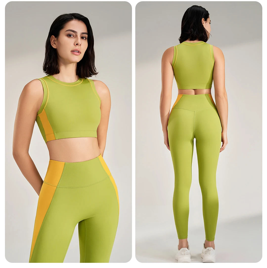 Sports Outdoor Fitness Suit Color Blocking Quick Dry Yoga Clothing Shockproof Bra Yoga Leggings Running Long Pants Female