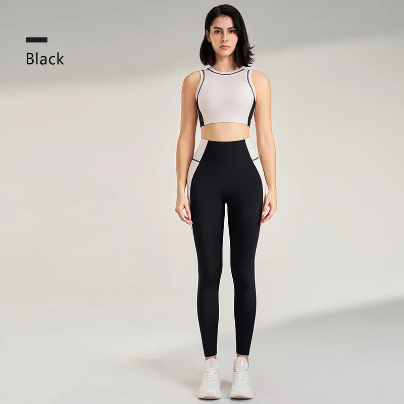 Sports Outdoor Fitness Suit Color Blocking Quick Dry Yoga Clothing Shockproof Bra Yoga Leggings Running Long Pants Female