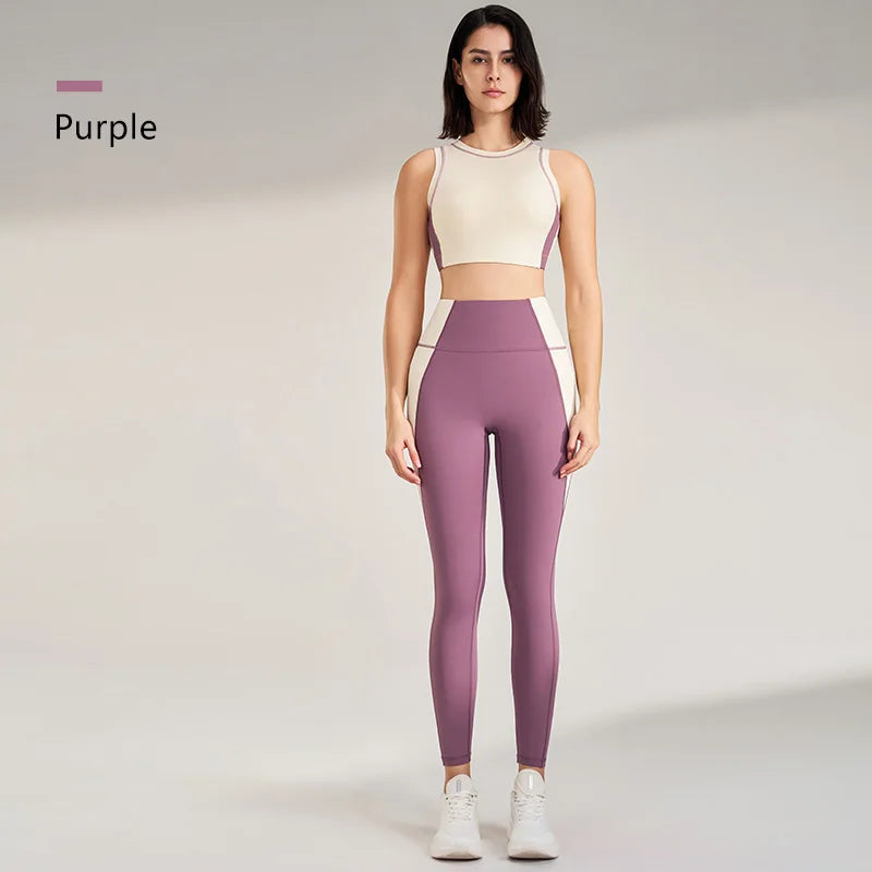 Sports Outdoor Fitness Suit Color Blocking Quick Dry Yoga Clothing Shockproof Bra Yoga Leggings Running Long Pants Female