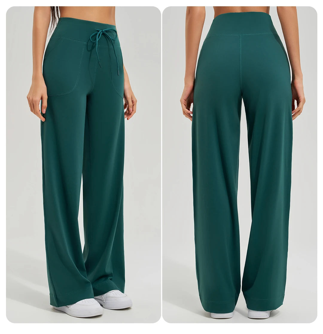 Women's yoga pants high waist wide leg gym casual pants solid color drawstring high elasticity quick drying tight pants