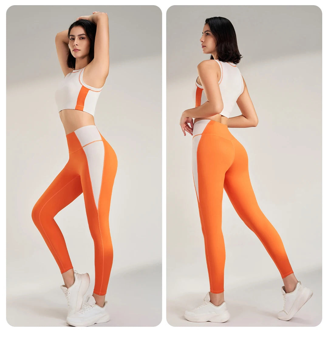 Sports Outdoor Fitness Suit Color Blocking Quick Dry Yoga Clothing Shockproof Bra Yoga Leggings Running Long Pants Female