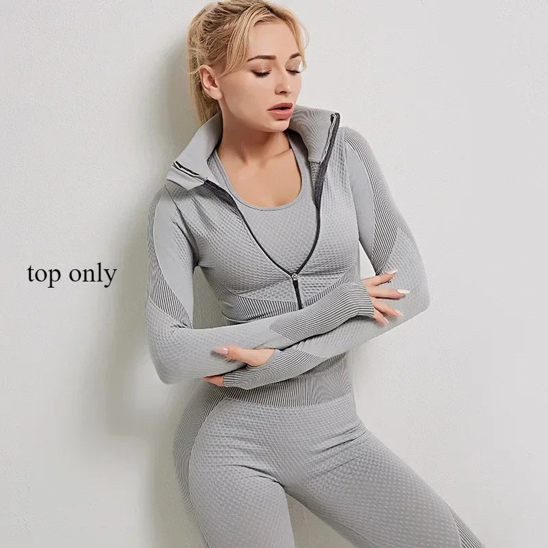 Yoga Clothes Gym Wear Women Fitness Clothing Outfit Workout Zipper Sportswear Long Sleeve Crop Bra Top Leggings Seperately Sold