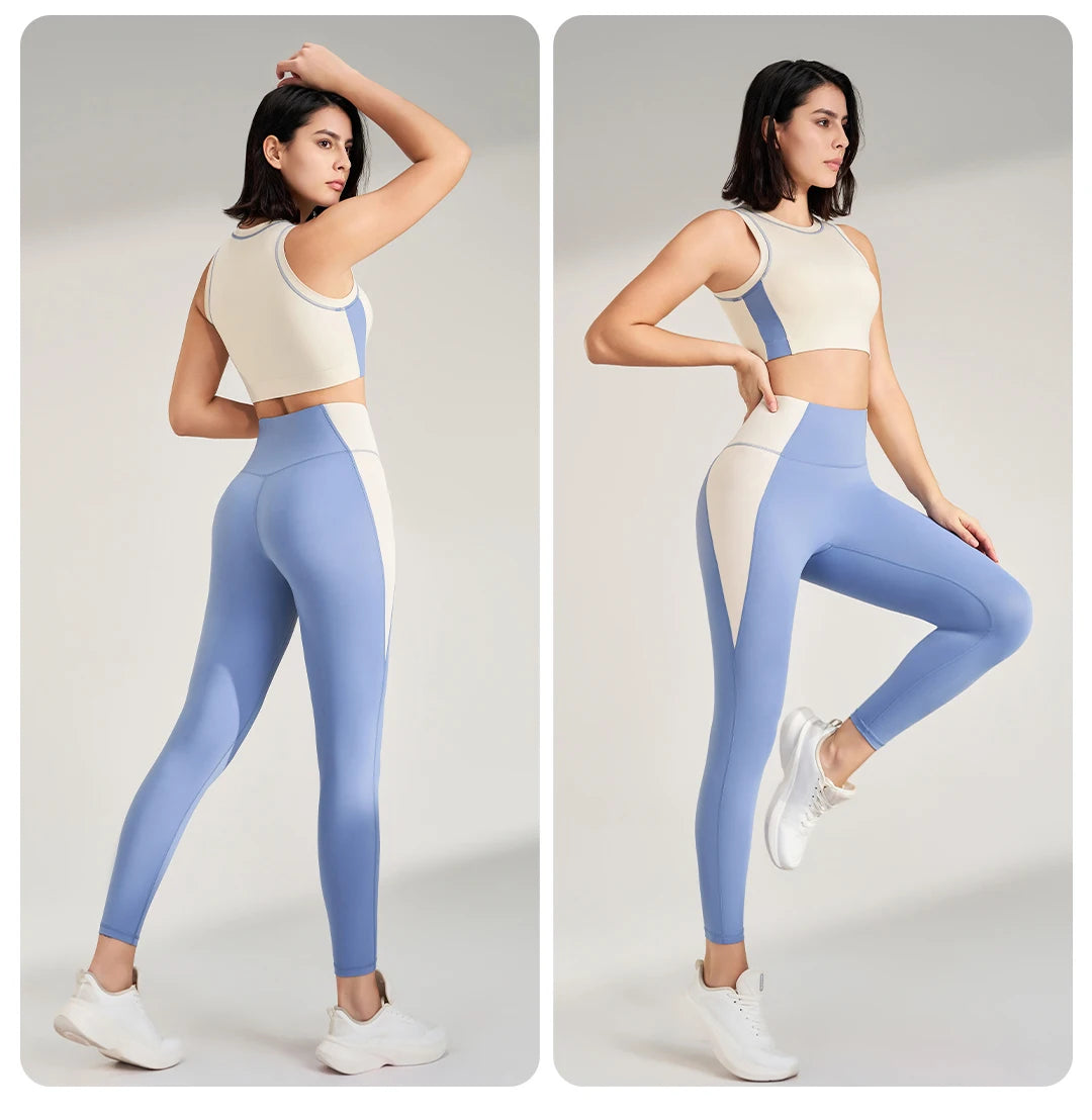 Sports Outdoor Fitness Suit Color Blocking Quick Dry Yoga Clothing Shockproof Bra Yoga Leggings Running Long Pants Female