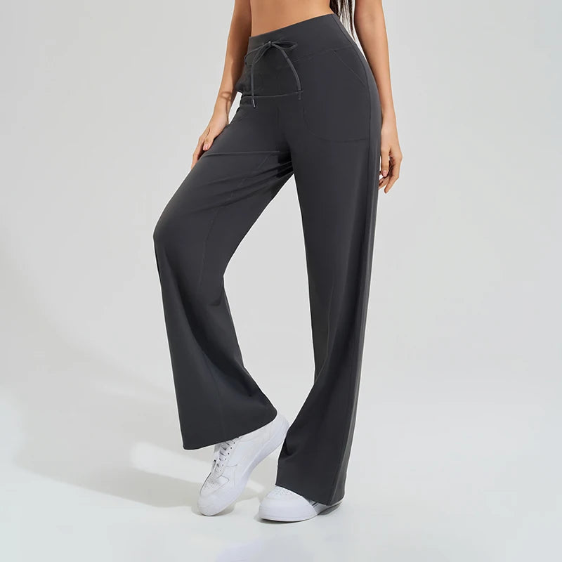 Women's yoga pants high waist wide leg gym casual pants solid color drawstring high elasticity quick drying tight pants