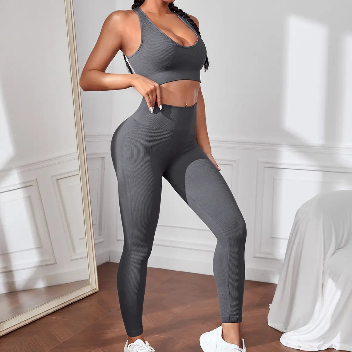 2 Pieces Women's Tracksuit Seamless Yoga Set Workout Sportswear Gym High Waist Leggings Fitness Sports Suits