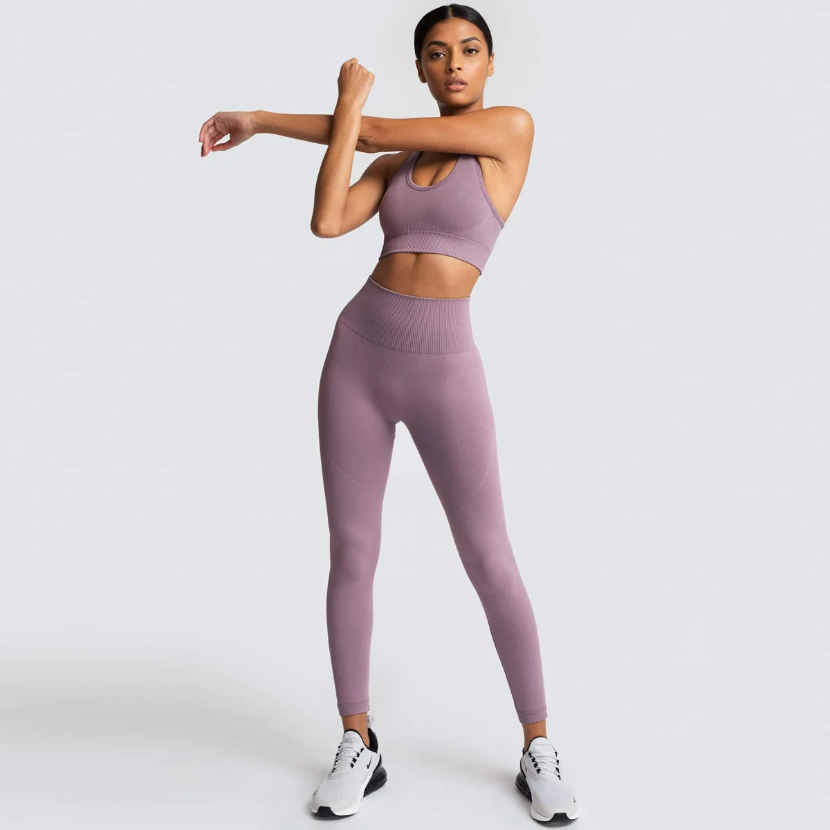 Women's Seamless Yoga Set Fitness Crop Top & Tummy Control High Waist Leggings with Built-in Bra Workout for Pilates Gym Running