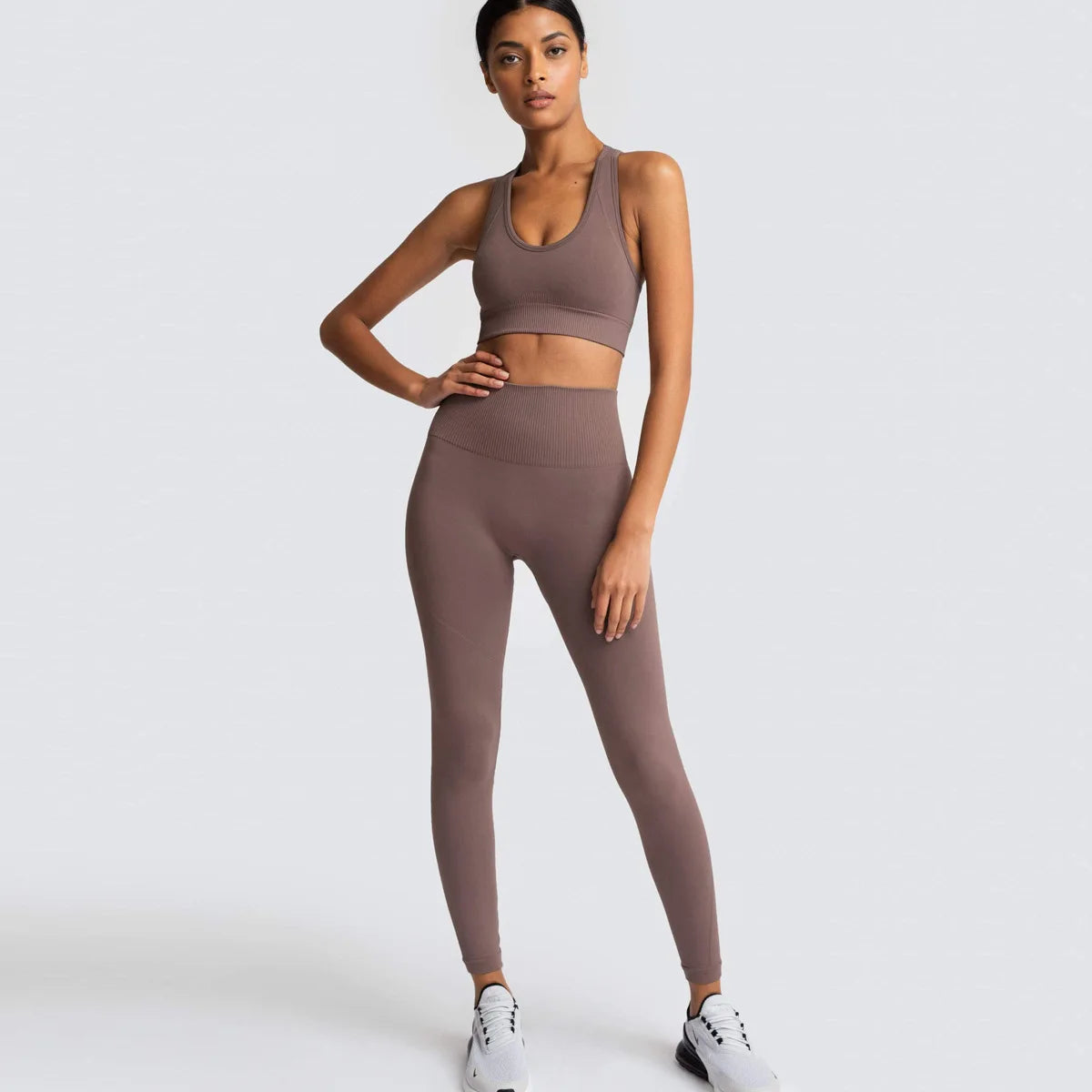 Women's Seamless Yoga Set Fitness Crop Top & Tummy Control High Waist Leggings with Built-in Bra Workout for Pilates Gym Running