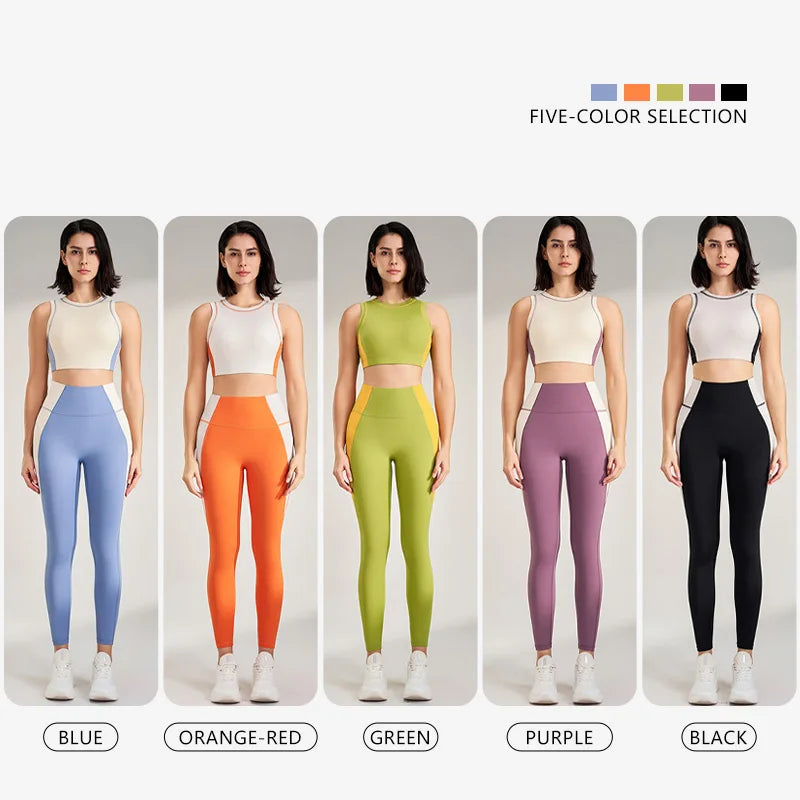 Sports Outdoor Fitness Suit Color Blocking Quick Dry Yoga Clothing Shockproof Bra Yoga Leggings Running Long Pants Female
