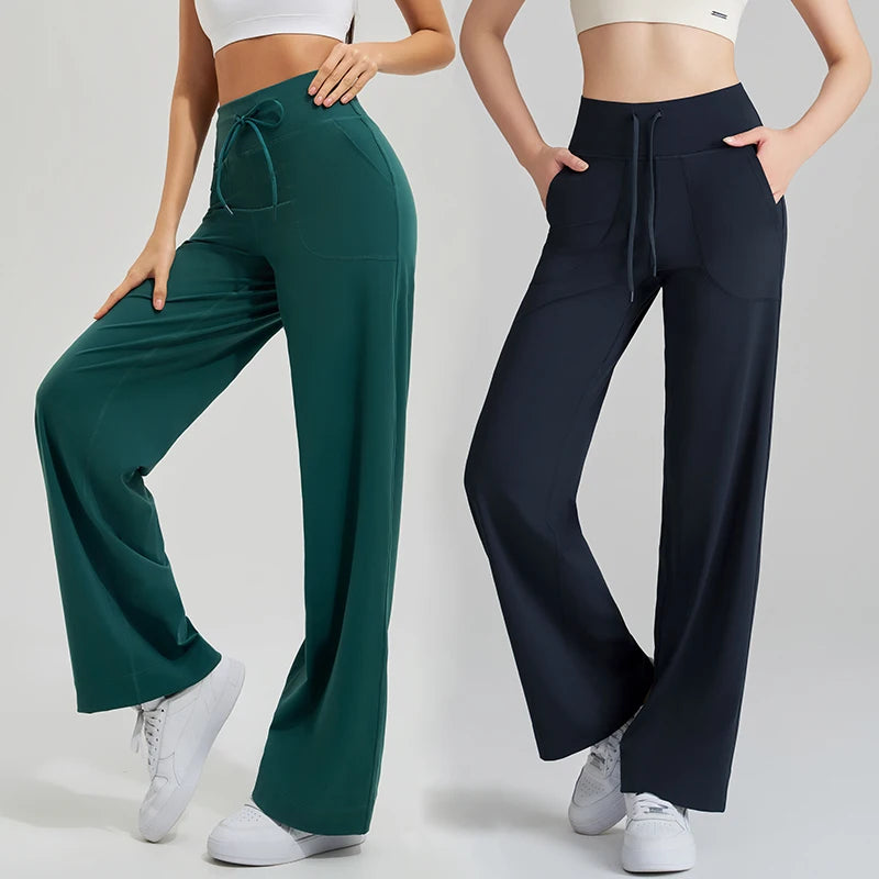 Women's yoga pants high waist wide leg gym casual pants solid color drawstring high elasticity quick drying tight pants