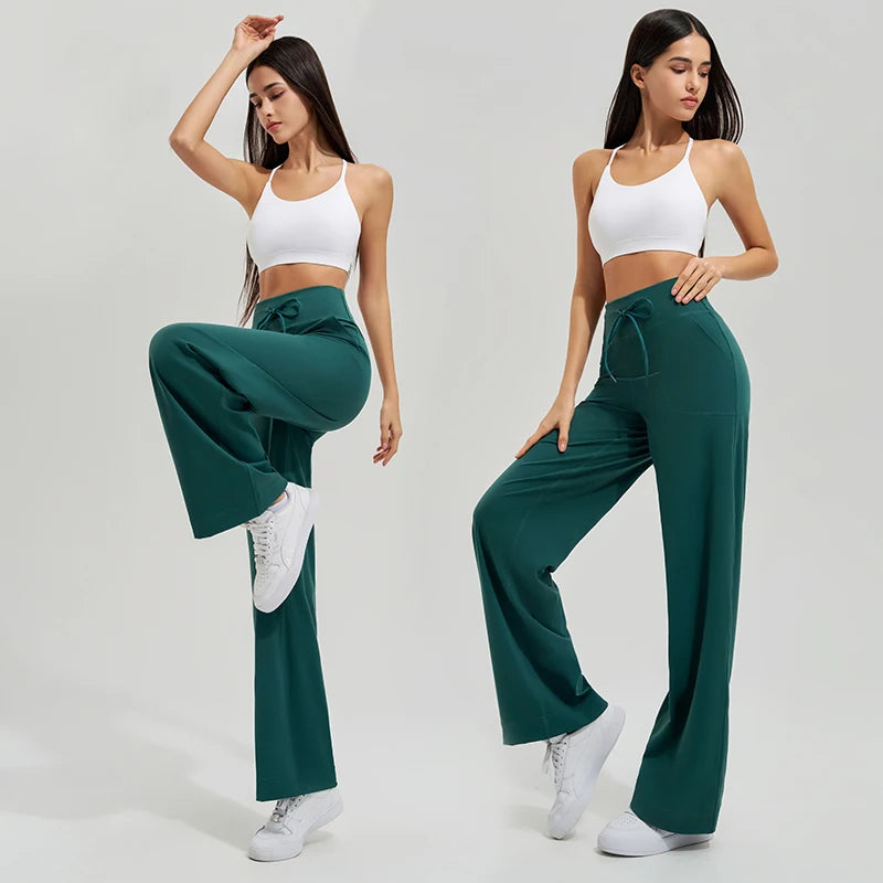 Women's yoga pants high waist wide leg gym casual pants solid color drawstring high elasticity quick drying tight pants