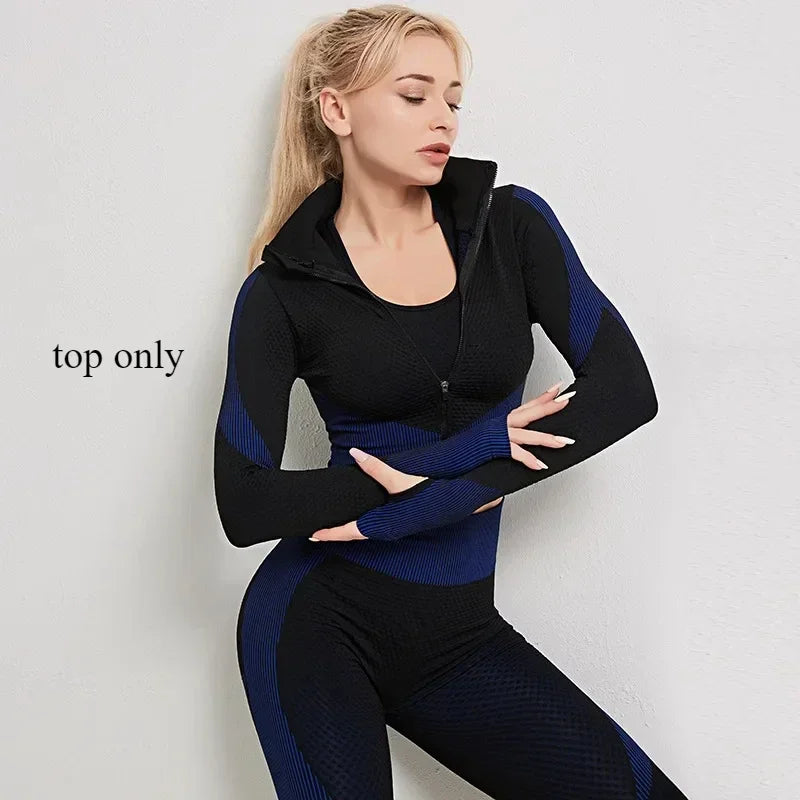 Yoga Clothes Gym Wear Women Fitness Clothing Outfit Workout Zipper Sportswear Long Sleeve Crop Bra Top Leggings Seperately Sold