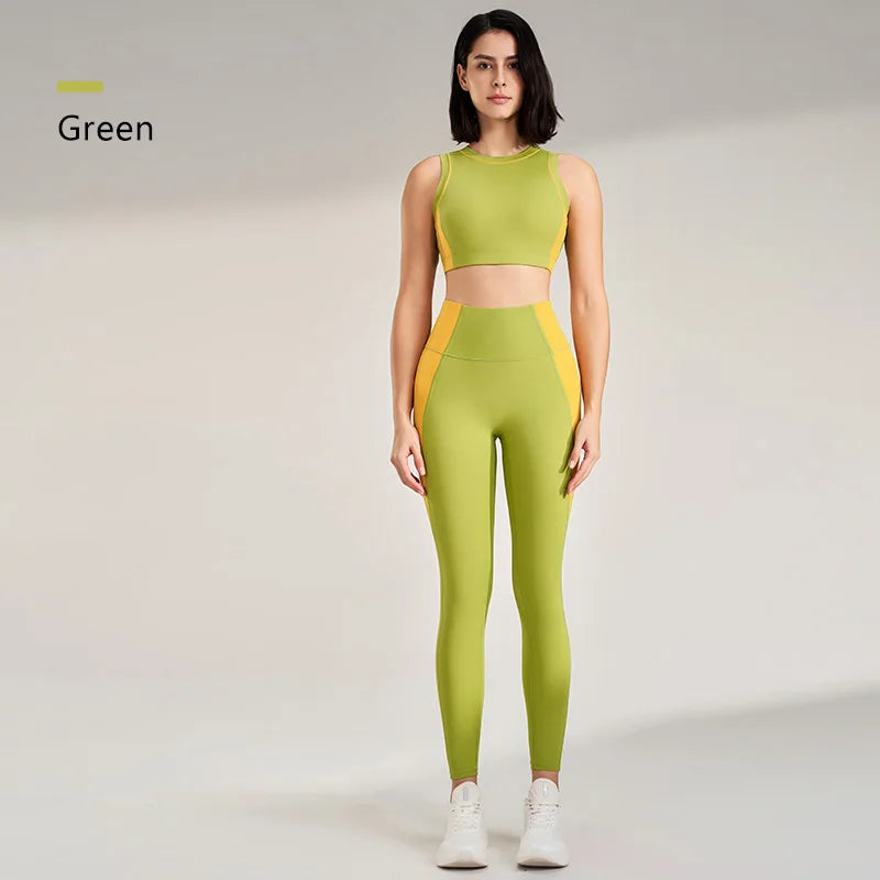 Sports Outdoor Fitness Suit Color Blocking Quick Dry Yoga Clothing Shockproof Bra Yoga Leggings Running Long Pants Female