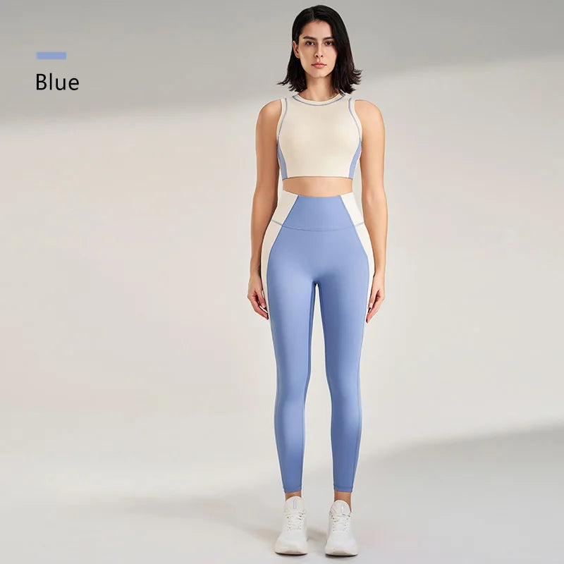 Sports Outdoor Fitness Suit Color Blocking Quick Dry Yoga Clothing Shockproof Bra Yoga Leggings Running Long Pants Female