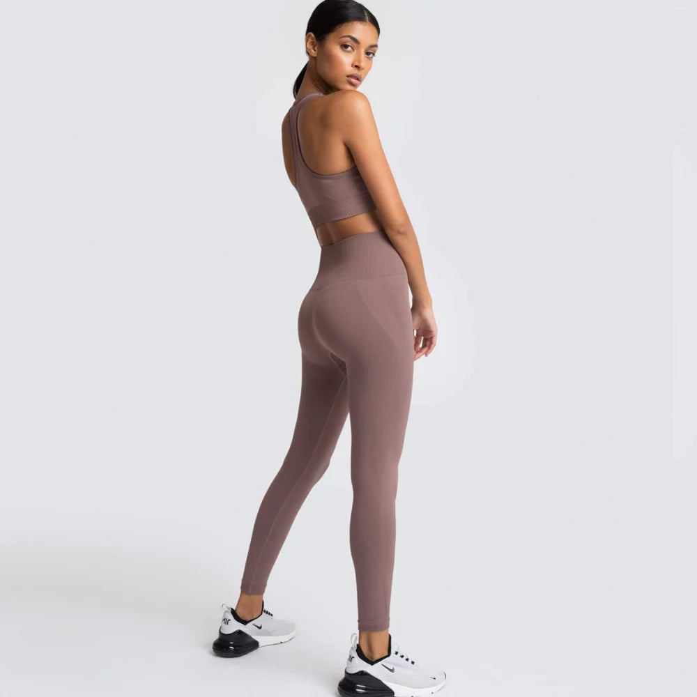 Women's Seamless Yoga Set Fitness Crop Top & Tummy Control High Waist Leggings with Built-in Bra Workout for Pilates Gym Running