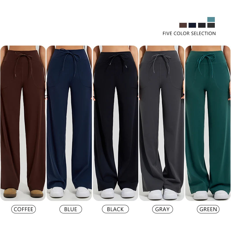 Women's yoga pants high waist wide leg gym casual pants solid color drawstring high elasticity quick drying tight pants