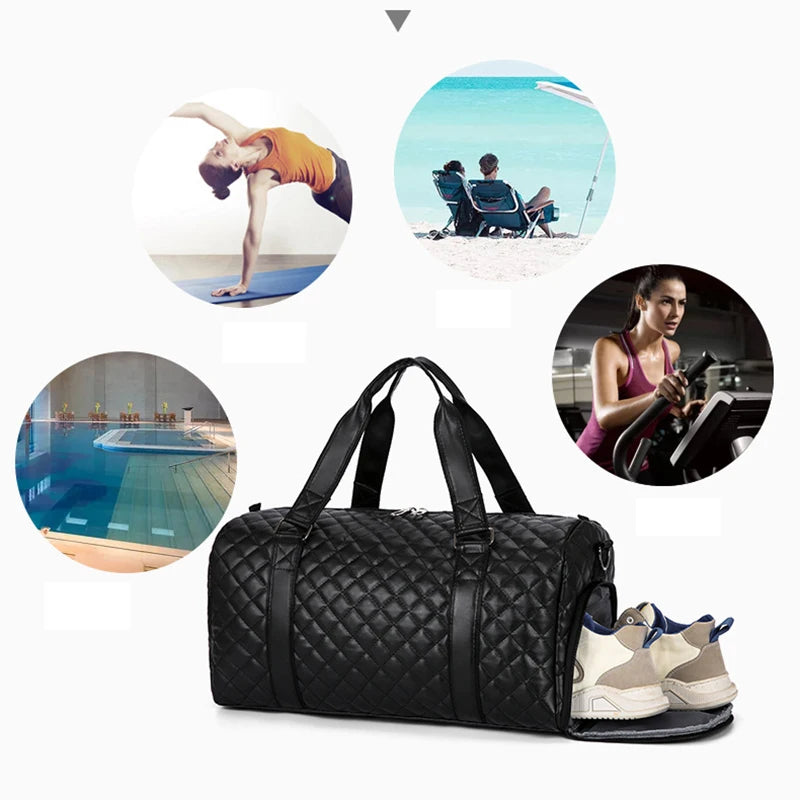 Duffle Tote Gym Fitness Bags for Woman PU Leather Handbag Travel Luggage Shoulder Sports Shoes Pocket Weekend Crossbody Bags