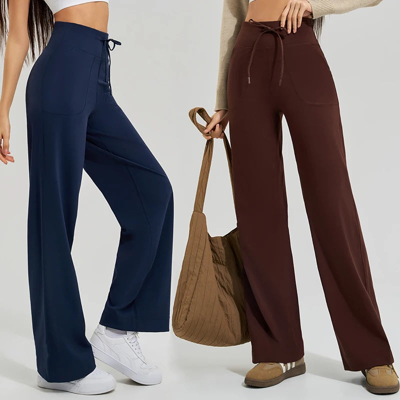 Women's yoga pants high waist wide leg gym casual pants solid color drawstring high elasticity quick drying tight pants